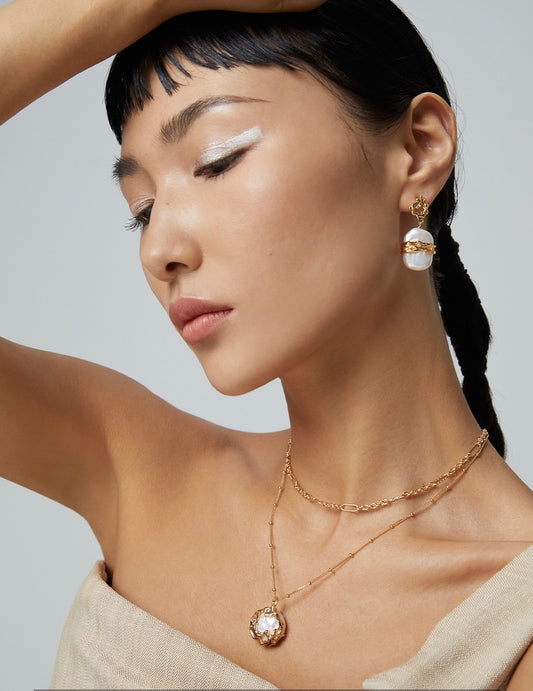 Aurora Baroque Drops — Freshwater Baroque Pearls & Gold Textured Setting