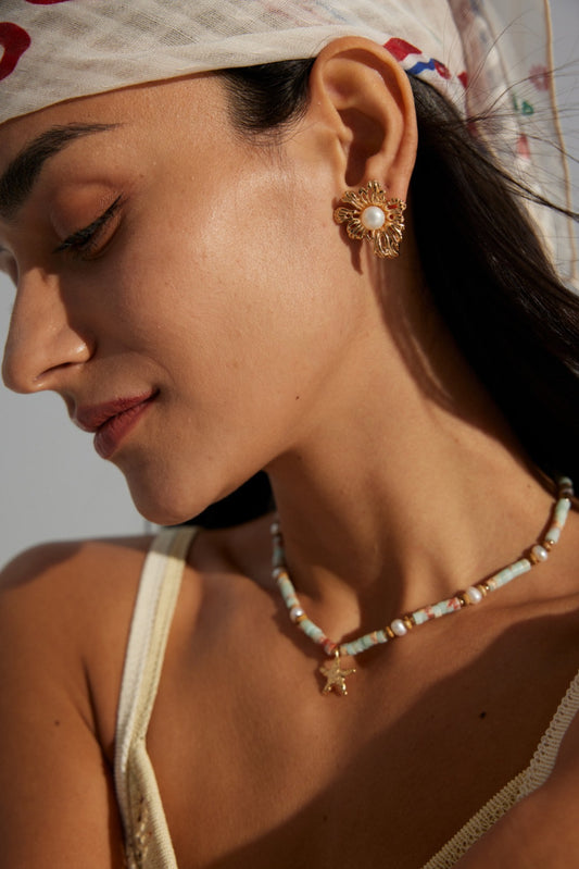 Golden Petal Studs — Freshwater Pearls & Textured Floral Design