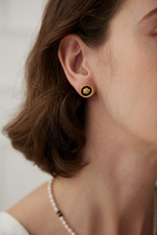 Midnight Bloom Studs — Black Enamel & Gold Floral Accents
