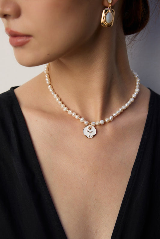 Rose Bloom Necklace — Freshwater Pearls & Enamel Gold Pendant