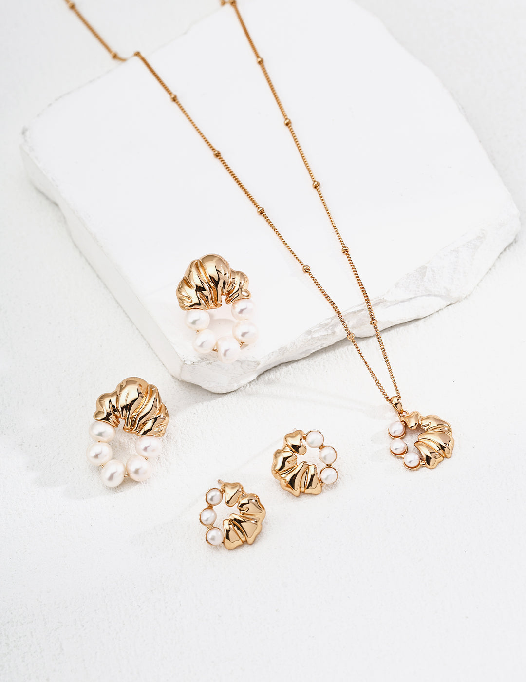 Golden Bloom & Lustrous Pearls — 18K Gold Plated S925 Earrings