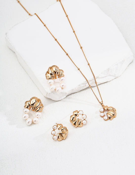 Golden Bloom & Lustrous Pearls — 18K Gold Plated S925 Earrings