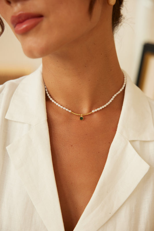 Square Sugar Pendant Necklace — Vintage Gold & Mini Pearls