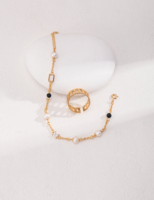 Black & Pearl Harmony Bracelet — 18K Gold Plated Silver, Freshwater Pearls & Black Agate