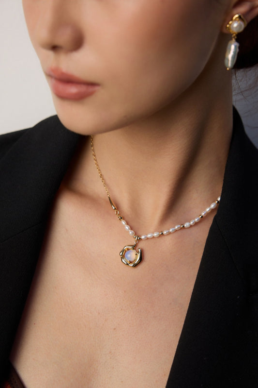 Lunar Embrace Necklace — Opal, Freshwater Pearls & 18K Gold Plated S925 Silver