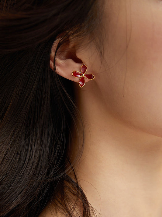 Crimson Bloom Studs — Enamel & 18K Gold Plated S925 Silver