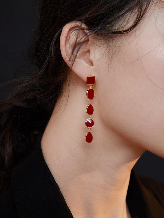 Crimson Geometry Drops — Chinese Red Enamel & 18K Gold Plated S925 Silver