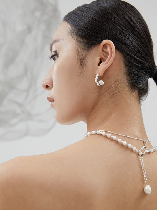 Sculpted Pearl Hoops — S925 Silver with Natural Pearl