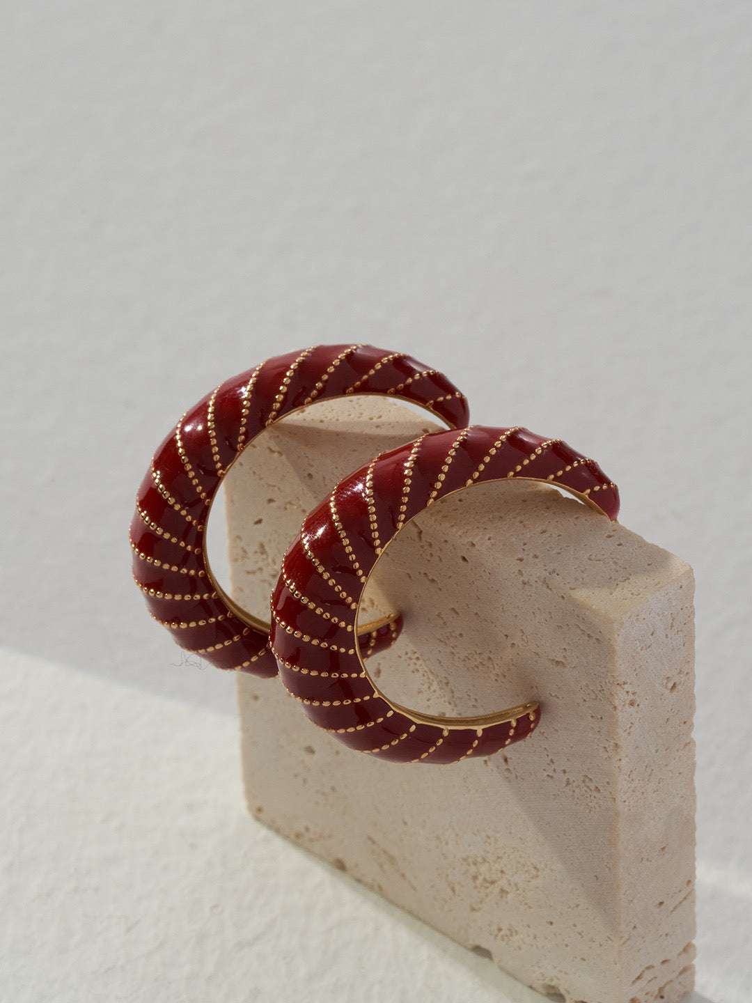 Crimson Spiral Hoops — Chinese Red Enamel & 18K Gold Plated S925 Silver