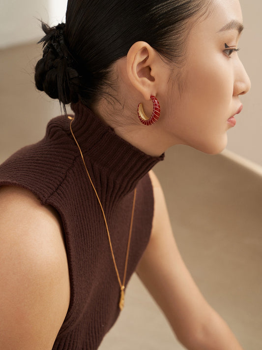Crimson Spiral Hoops — Chinese Red Enamel & 18K Gold Plated S925 Silver
