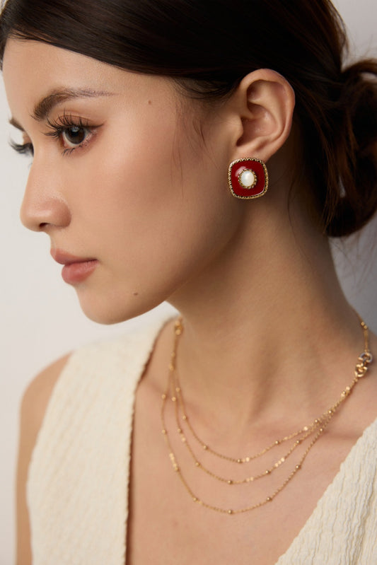 Crimson Pearl Glow Studs — Chinese Red Enamel, Mother-of-Pearl & 18K Gold Plated S925 Silver