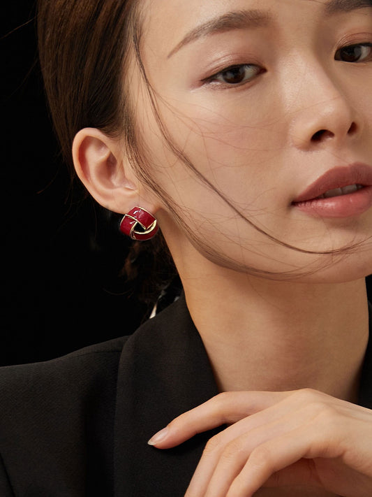 Crimson Knot Studs — Chinese Red Enamel & 18K Gold Plated S925 Silver