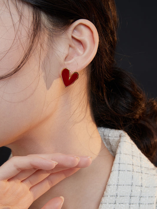 Crimson Heart Studs — Chinese Red Enamel & 18K Gold Plated S925 Silver
