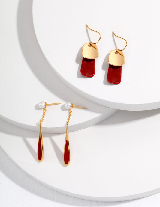 Crimson Drop Earrings — Chinese Red Enamel, Pearl & 18K Gold Plated S925 Silver