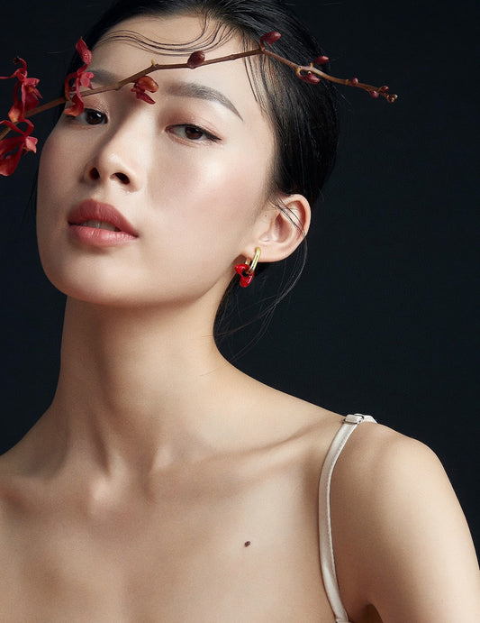 Crimson Love Hoops — Chinese Red Enamel & 18K Gold Plated S925 Silver