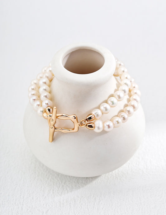 Double Strand Pearl Bracelet — Freshwater Pearls & Gold Toggle Clasp