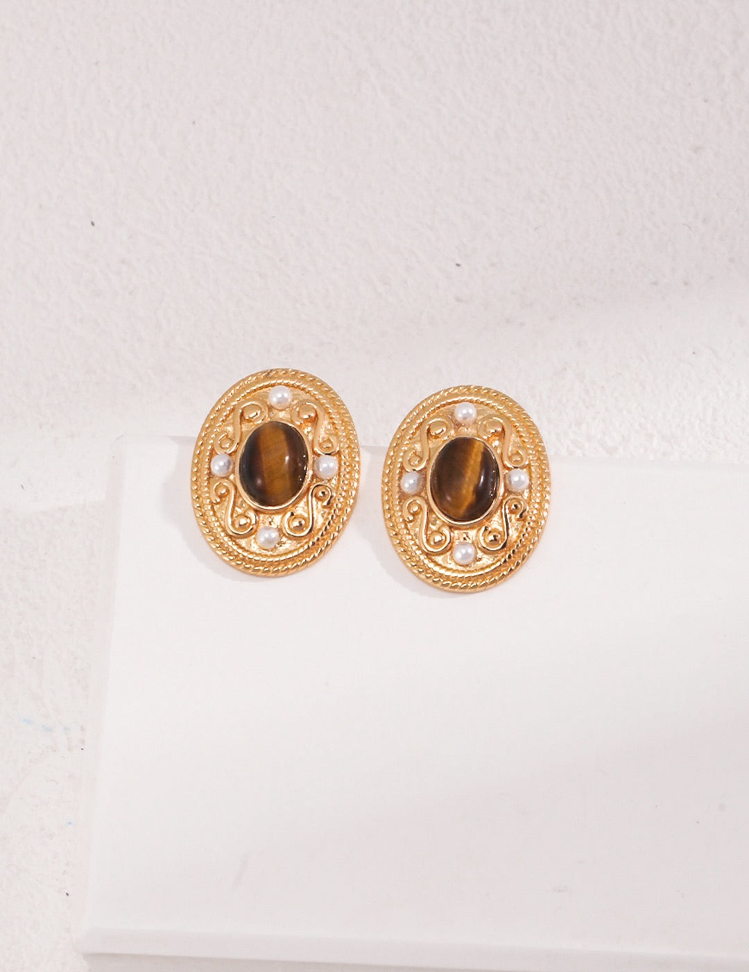 Regal Tiger’s Eye Studs — Gemstone & Pearl Vintage Setting