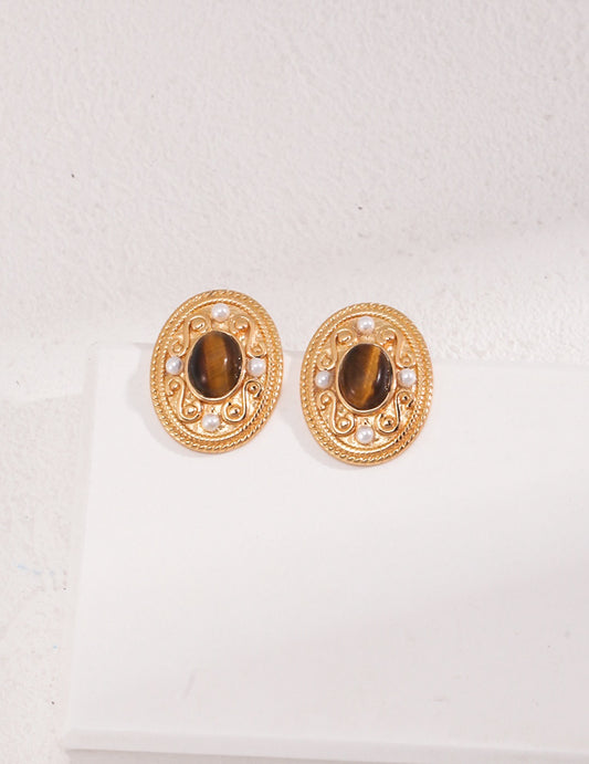 Regal Tiger’s Eye Studs — Gemstone & Pearl Vintage Setting
