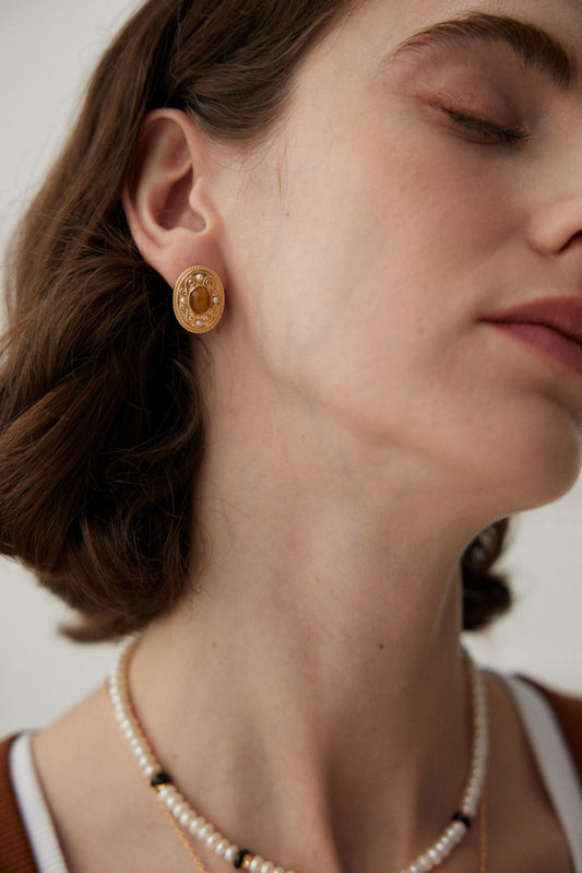 Regal Tiger’s Eye Studs — Gemstone & Pearl Vintage Setting