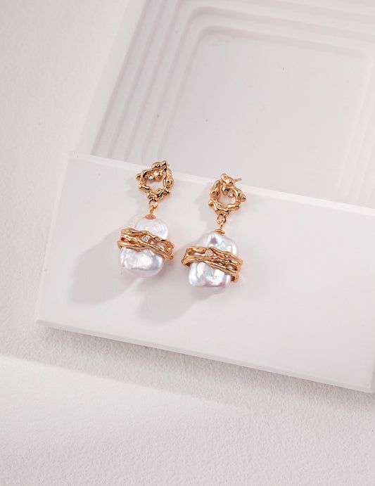 Aurora Baroque Drops — Freshwater Baroque Pearls & Gold Textured Setting