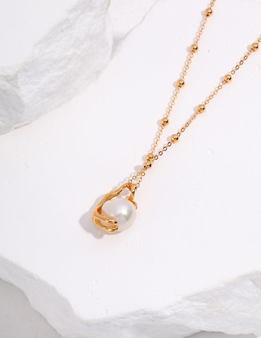 Sculpted Pearl Pendant — Round Freshwater Pearl & Gold Plated Silver