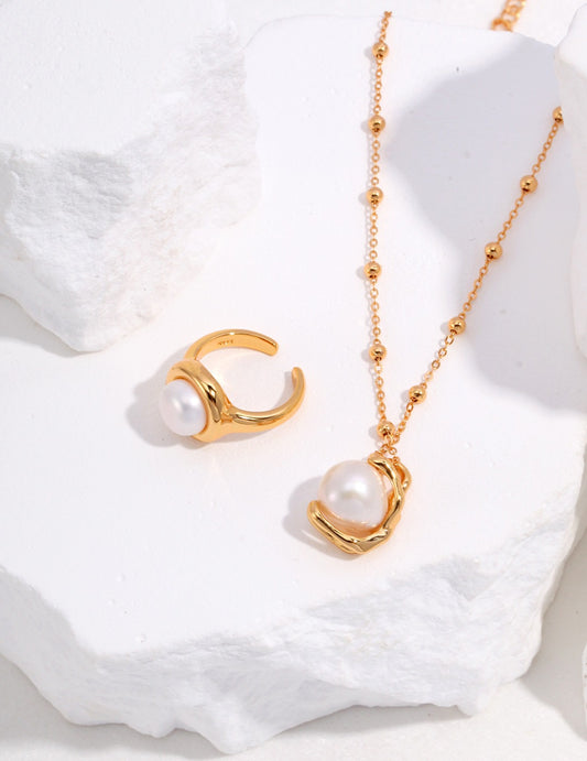 Sculpted Pearl Pendant — Round Freshwater Pearl & Gold Plated Silver