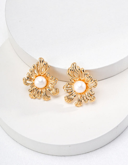 Golden Petal Studs — Freshwater Pearls & Textured Floral Design