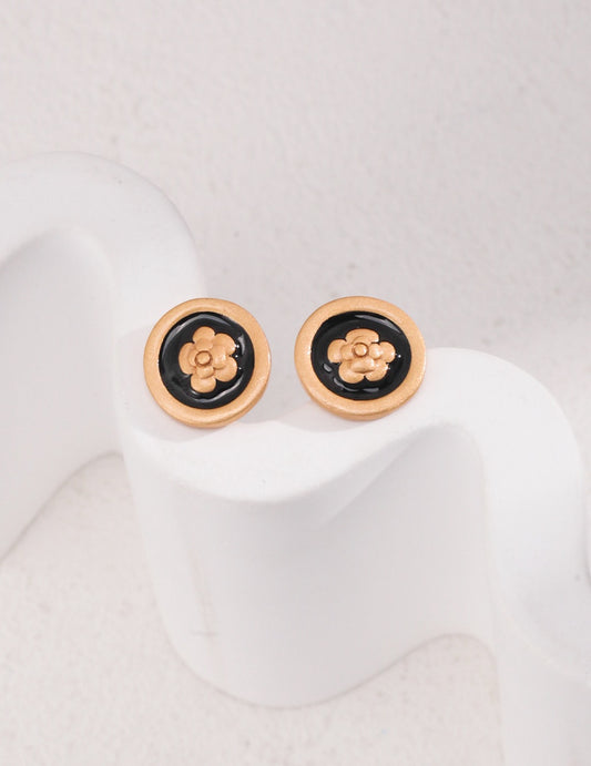 Midnight Bloom Studs — Black Enamel & Gold Floral Accents