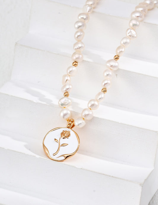 Rose Bloom Necklace — Freshwater Pearls & Enamel Gold Pendant