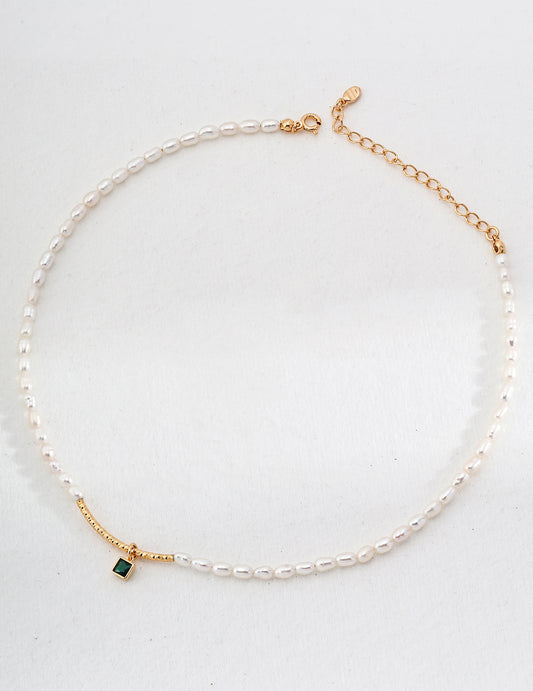 Square Sugar Pendant Necklace — Vintage Gold & Mini Pearls