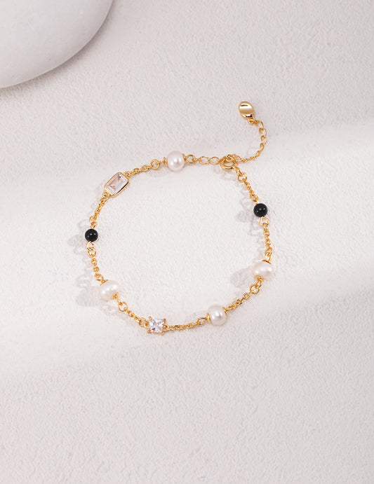 Black & Pearl Harmony Bracelet — 18K Gold Plated Silver, Freshwater Pearls & Black Agate