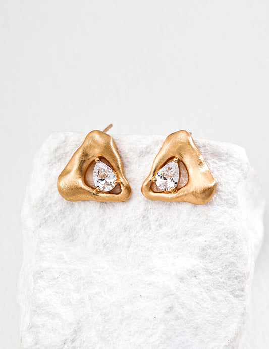Triangular Gleam Studs — Matte Gold & Sparkling Zircon