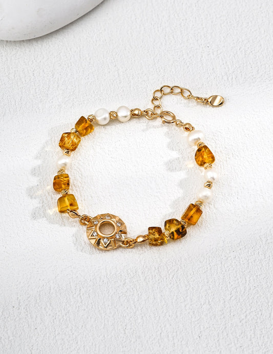 Amber Sun Clasp Bracelet — Natural Amber & Freshwater Pearls
