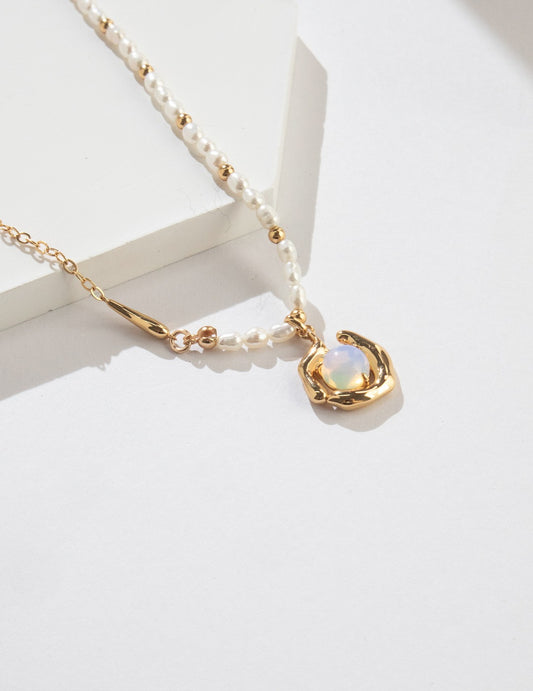 Lunar Embrace Necklace — Opal, Freshwater Pearls & 18K Gold Plated S925 Silver