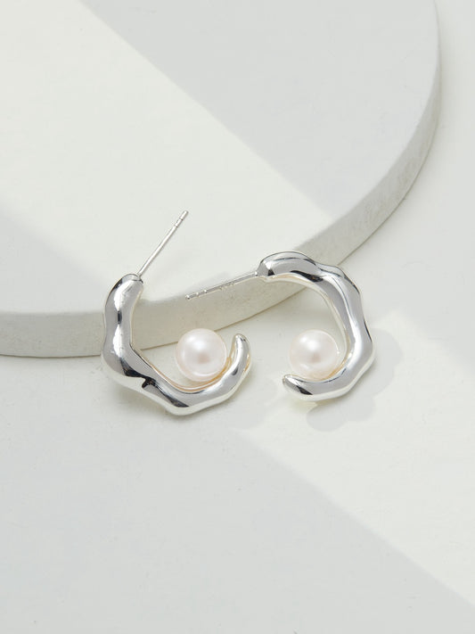 Sculpted Pearl Hoops — S925 Silver with Natural Pearl