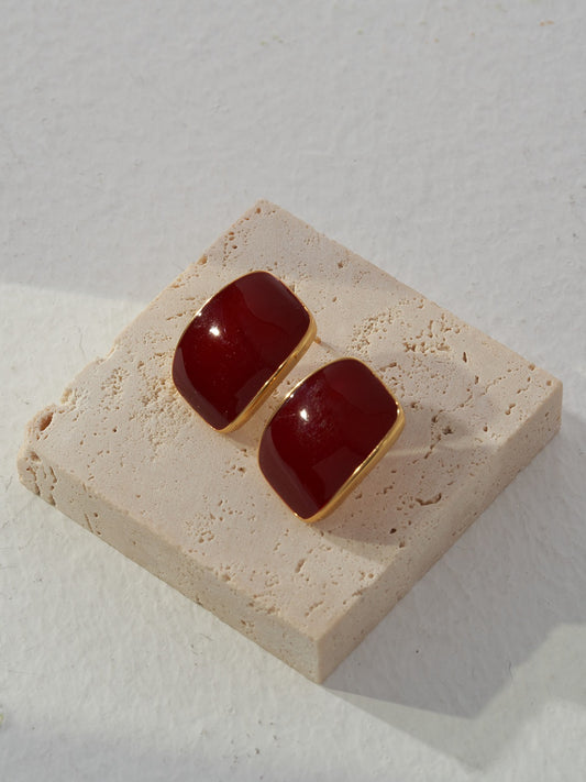 Crimson Frame Studs — Geometric Red Enamel & 18K Gold Plated S925 Silver