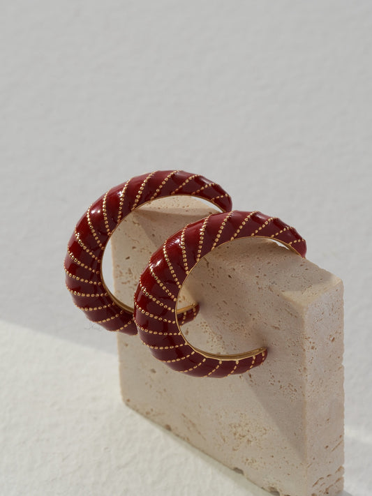 Crimson Spiral Hoops — Chinese Red Enamel & 18K Gold Plated S925 Silver