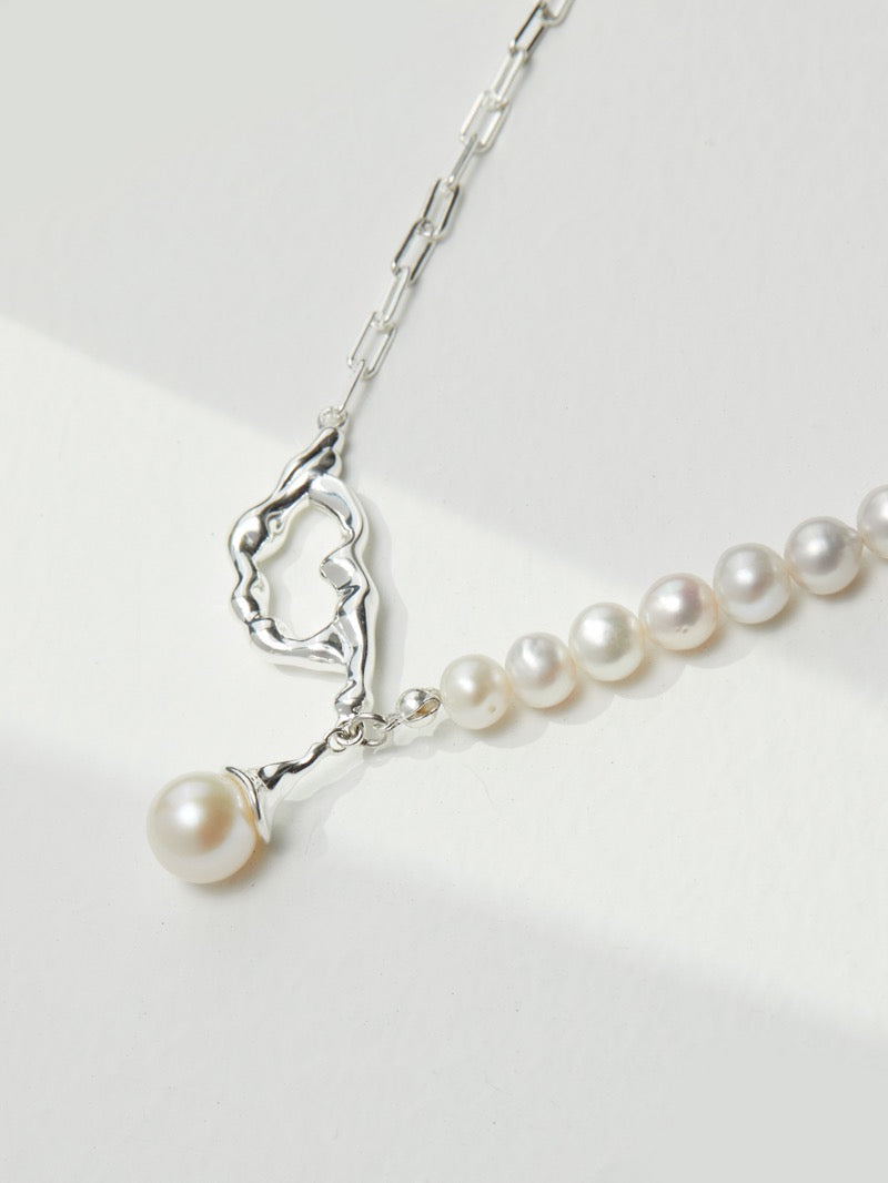 Pearl Reimagined Necklace — Asymmetric Silver & Round Pearls