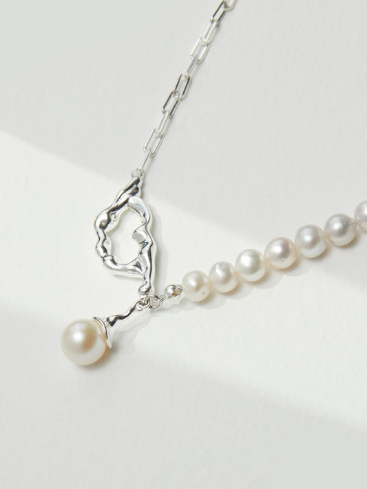 Pearl Reimagined Necklace — Asymmetric Silver & Round Pearls