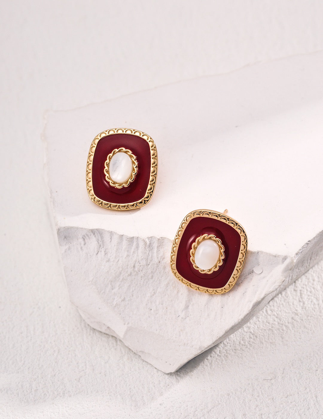 Crimson Pearl Glow Studs — Chinese Red Enamel, Mother-of-Pearl & 18K Gold Plated S925 Silver