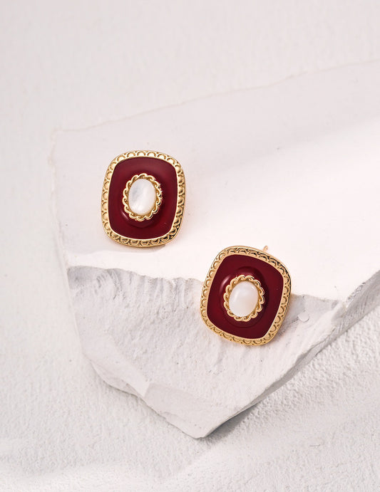 Crimson Pearl Glow Studs — Chinese Red Enamel, Mother-of-Pearl & 18K Gold Plated S925 Silver