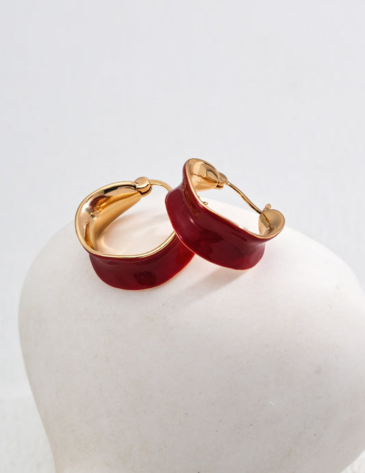 Crimson Glow Hoops — Chinese Red Enamel & 18K Gold Plated S925 Silver