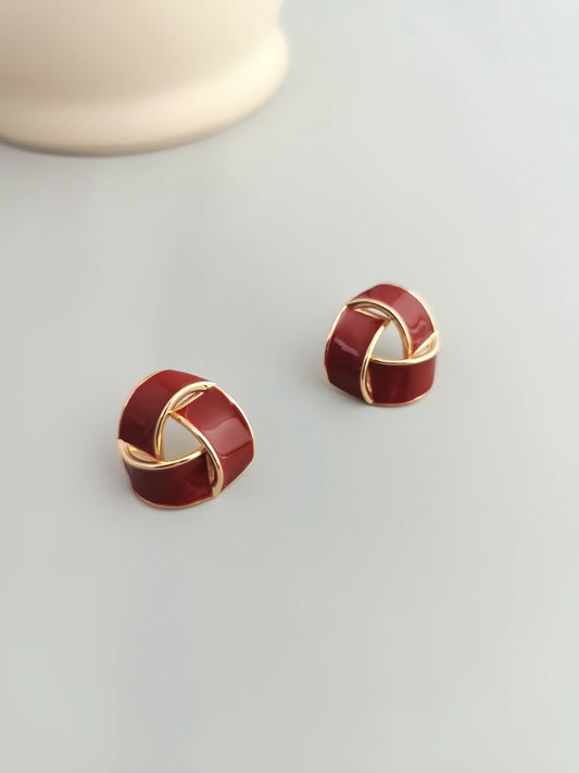 Crimson Knot Studs — Chinese Red Enamel & 18K Gold Plated S925 Silver