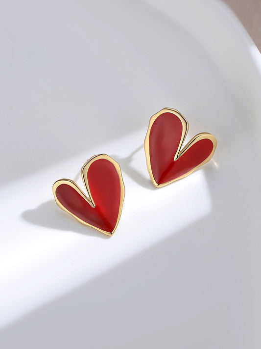Crimson Heart Studs — Chinese Red Enamel & 18K Gold Plated S925 Silver