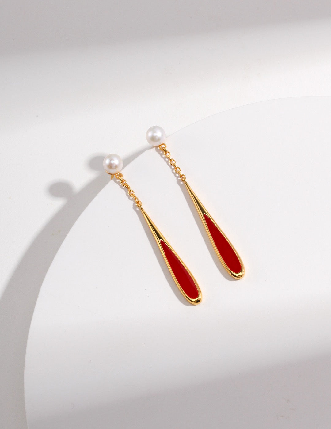 Crimson Drop Earrings — Chinese Red Enamel, Pearl & 18K Gold Plated S925 Silver