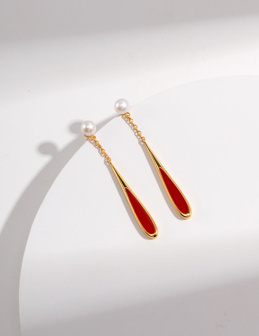 Crimson Drop Earrings — Chinese Red Enamel, Pearl & 18K Gold Plated S925 Silver